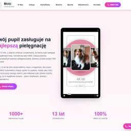 Shellty IT Tomasz Skorupski - Strona internetowa salonu pielęgnacji psów Mobi z nagłówkiem 'Twój pupil zasługuje na najlepszą pielęgnację' i prezentacją zdjęć psów po zabiegach.