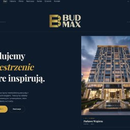 Shellty - Strona internetowa firmy BudMax z wizualizacją budynku Parkowe Wzgórza w Krakowie. Ciemnoniebieskie tło, złote akcenty, nowoczesny design. Menu nawigacyjne u góry.