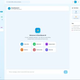 Shellty - Interfejs SmartQuote AI: pulpit z podsumowaniem klientów, ofert, zadań i przychodów. Dostępne opcje: tworzenie ofert, pisanie e-maili, analiza klientów, statystyki.