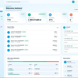 Shellty - Panel CRM SmartQuote: dashboard z aktywnymi ofertami, wartością pipeline, konwersją i klientami. Wykresy statusu ofert i szybkie akcje. Nowoczesny interfejs.