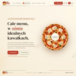 Shellty - Strona główna restauracji Tomi Forno z interaktywnym menu w kształcie pizzy, podzielonej na osiem sekcji nawigacyjnych, na jasnym tle z zielonymi akcentami.