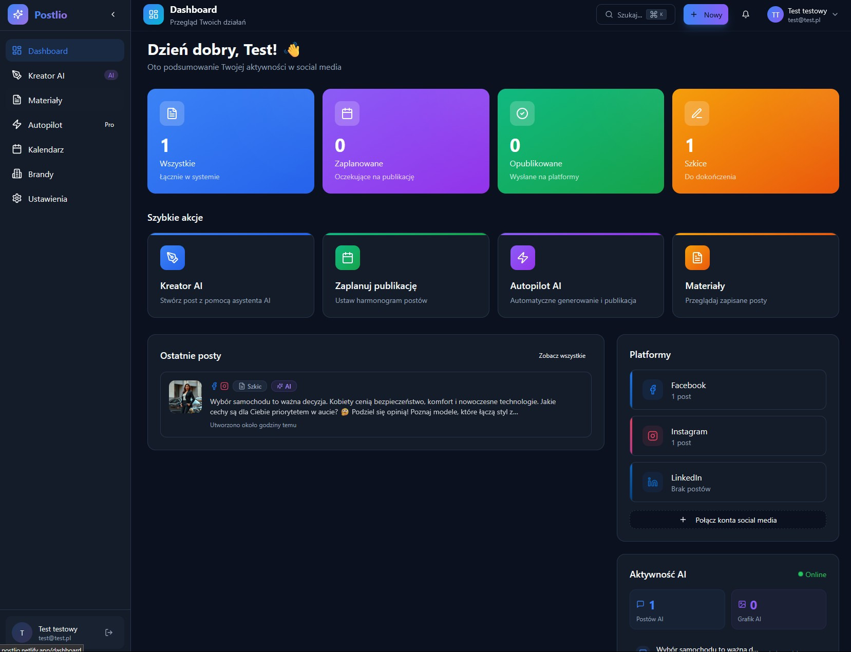 Panel dashboardu aplikacji Postlio z podsumowaniem aktywności w social mediach, prezentujący statystyki postów, harmonogram publikacji i integracje z platformami.