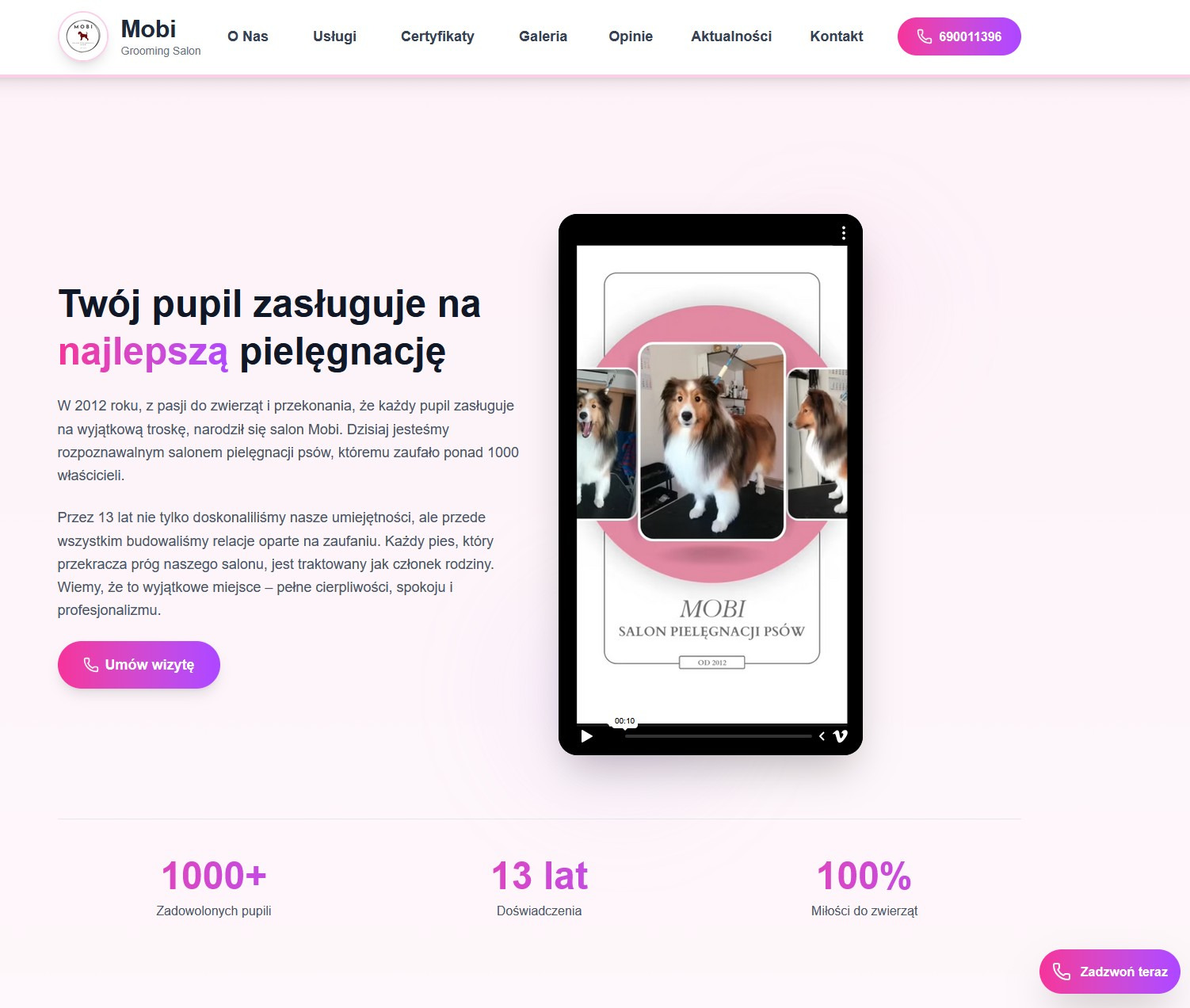Strona internetowa salonu pielęgnacji psów Mobi z nagłówkiem 'Twój pupil zasługuje na najlepszą pielęgnację' i prezentacją zdjęć psów po zabiegach.