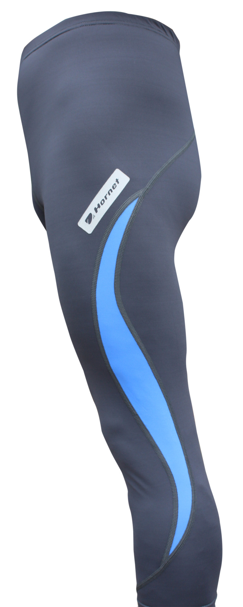 Szare legginsy sportowe z niebieskim pasem i logo firmy Hornet na białym tle.