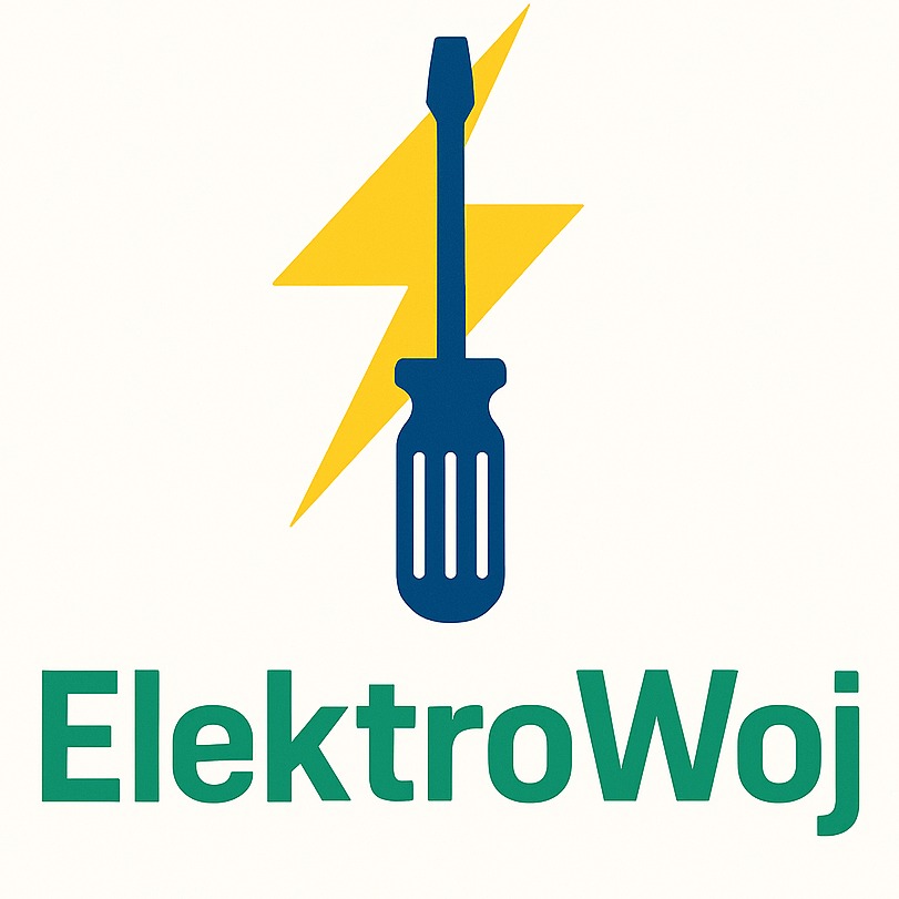 Grafika: Śrubokręt na tle błyskawicy, logo firmy ElektroWoj w kolorze zielonym. Symbolizuje usługi elektryczne i profesjonalizm.