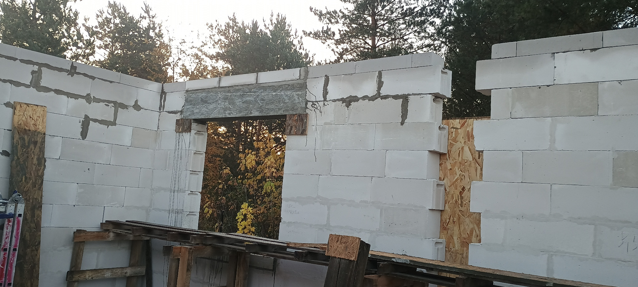 Wznoszenie ścian domu z betonu komórkowego. Widoczne bloczki, zaprawa, drewniane podpory i fragment lasu w tle. Etap budowy z widocznym otworem okiennym.