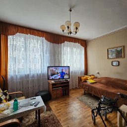 Gryfny porządek - Pokój dzienny z meblami w stylu retro: brązowa kanapa, stolik z pilotami, telewizor. Na podłodze dywan shaggy. W tle okno z firankami i zasłonami.