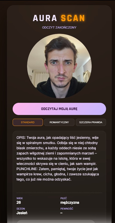 Strona pod skaner twarzy z opisem AI. Motyw przewodni wampiry.