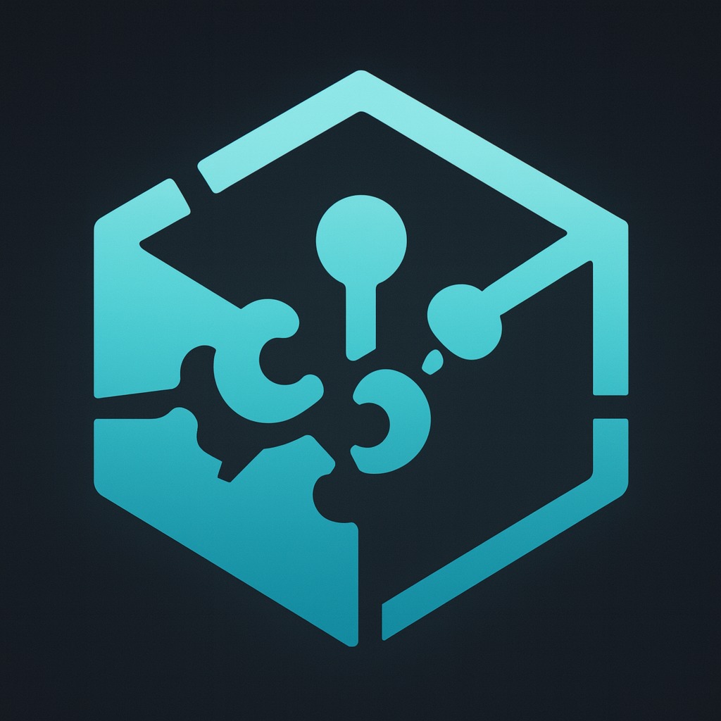 Turkusowy, geometryczny logotyp w kształcie sześcianu z elementami sieci i zębatki na ciemnym tle. Symbolizuje inżynierię bezpieczeństwa i zgodności.