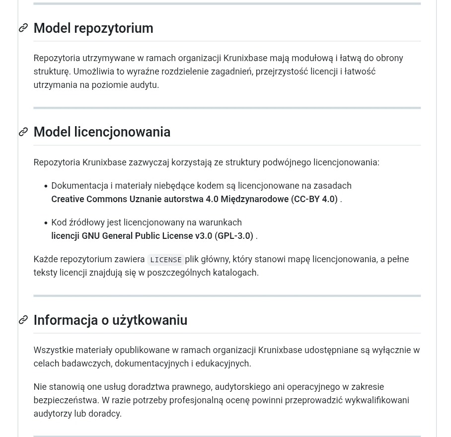 Dokumentacja repozytorium Krunixbase z informacjami o modelu repozytorium, licencjonowaniu (Creative Commons, GNU GPL) i użytkowaniu. Tekst w języku polskim.