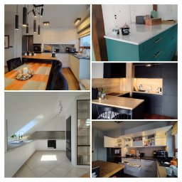 Piotr Białousz Woodshore - Zestawienie zdjęć prezentujących różnorodne aranżacje kuchni na wymiar: nowoczesne, klasyczne, z wyspą, w różnych kolorach i stylach wykończenia.