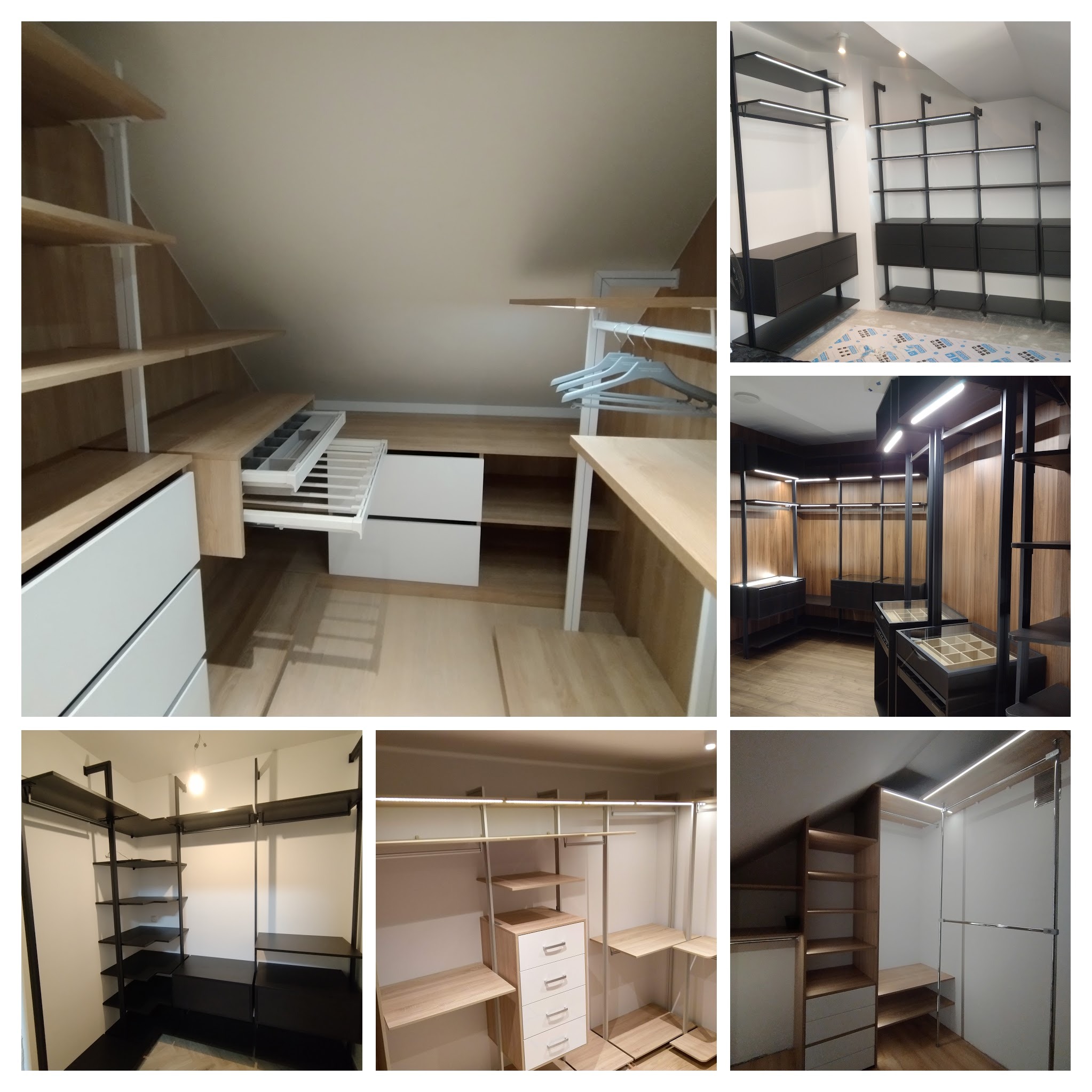 Kompletna garderoba na poddaszu ze skośnym sufitem, z drewnianymi półkami i białymi szufladami. Widoczne oświetlenie LED i wysuwane elementy. Nowoczesny design.