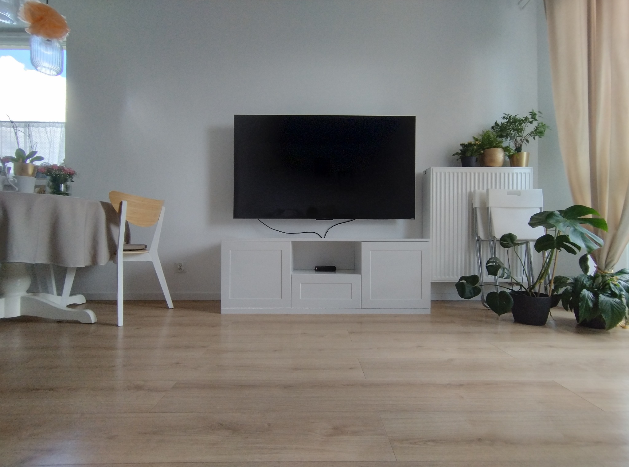 Jasne wnętrze pokoju z drewnianą podłogą. Na ścianie wisi telewizor nad białą szafką RTV. Obok stoi stół z krzesłami i rośliny doniczkowe. Minimalistyczny wystrój.
