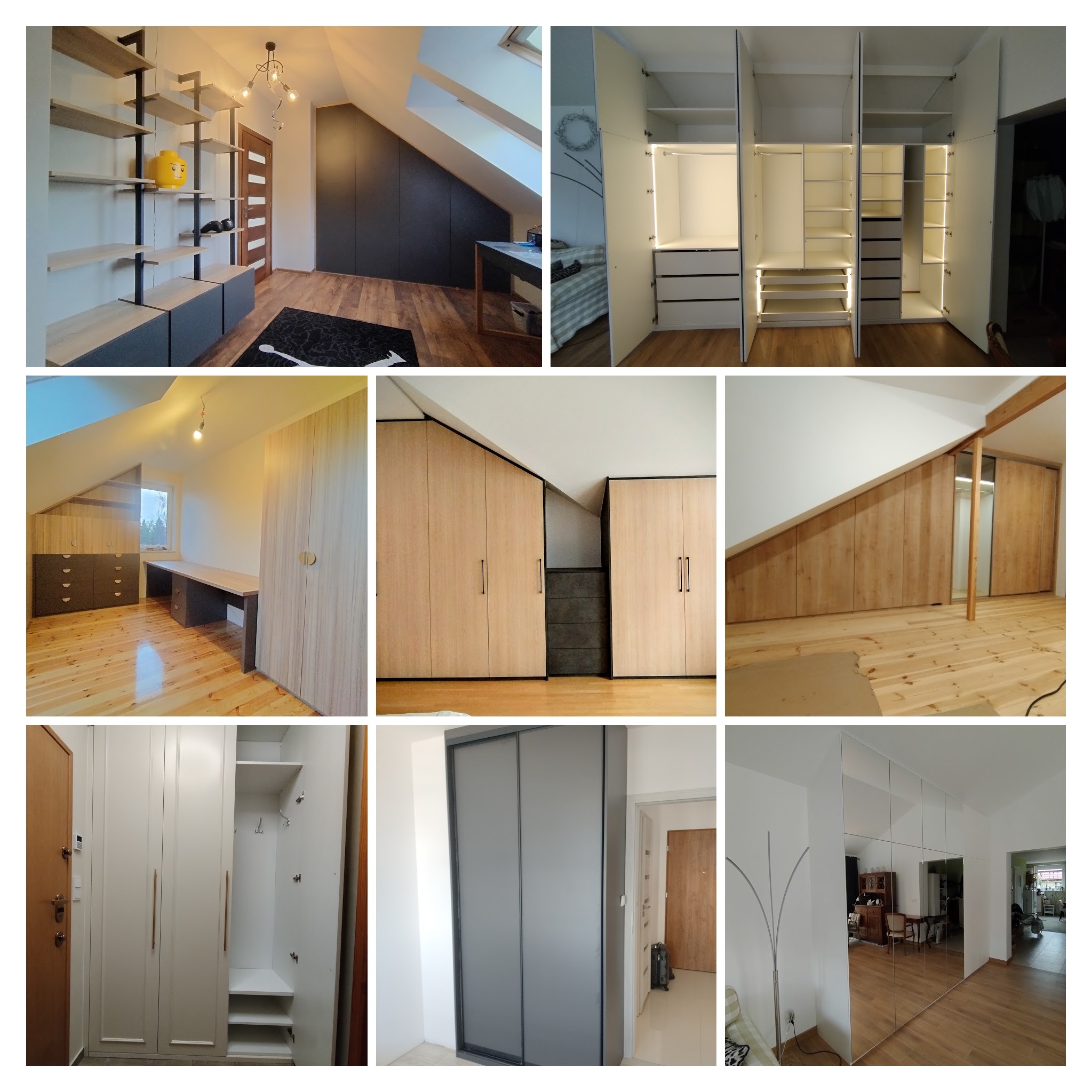 Kolaż prezentuje różnorodne szafy i zabudowy meblowe w pomieszczeniach o skośnych sufitach, ukazując kreatywne rozwiązania do przechowywania i aranżacji przestrzeni.