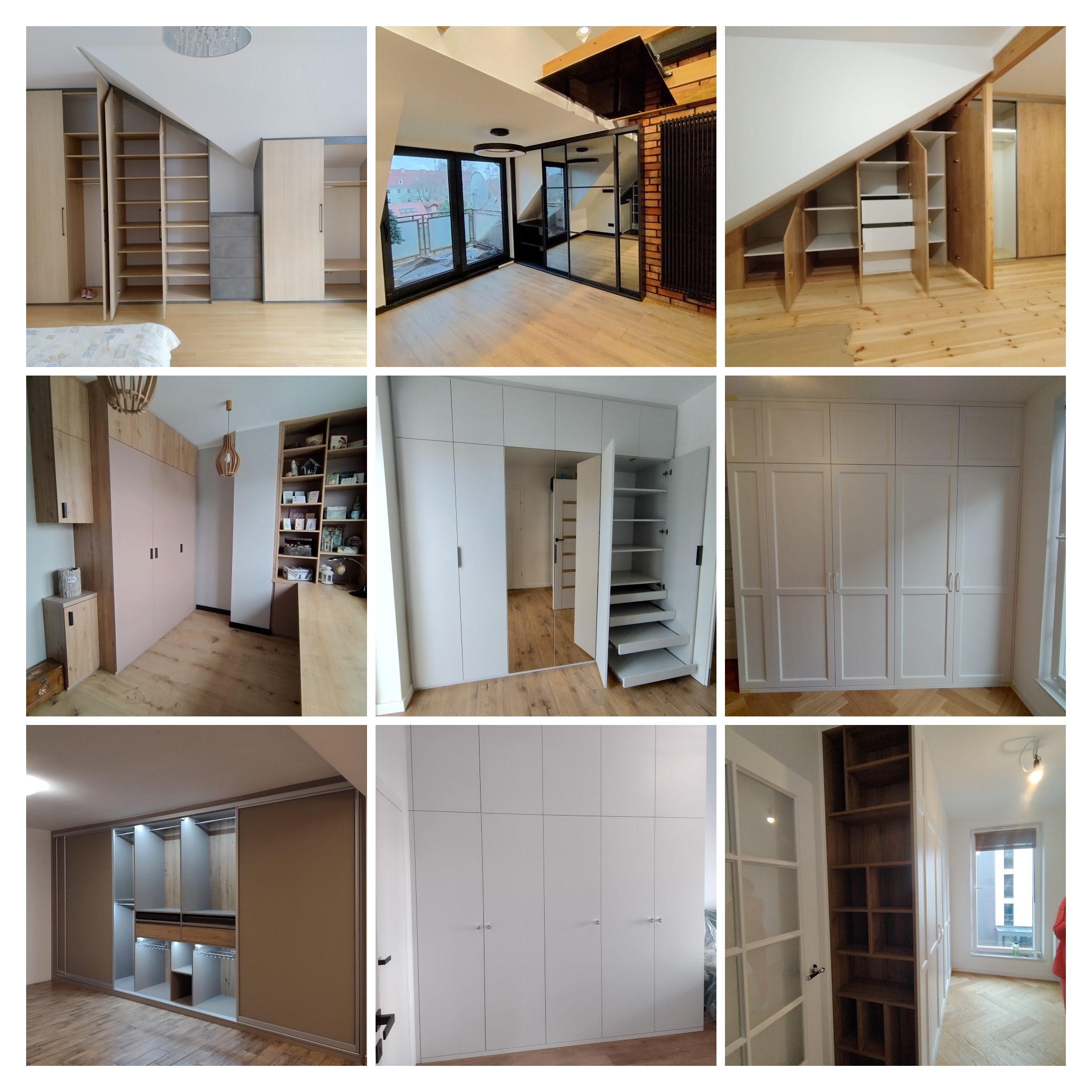 Kolaż z dziewięciu zdjęć przedstawiających różnorodne szafy wnękowe i garderoby, ukazujące różne style wykończenia, materiały i rozwiązania aranżacyjne.