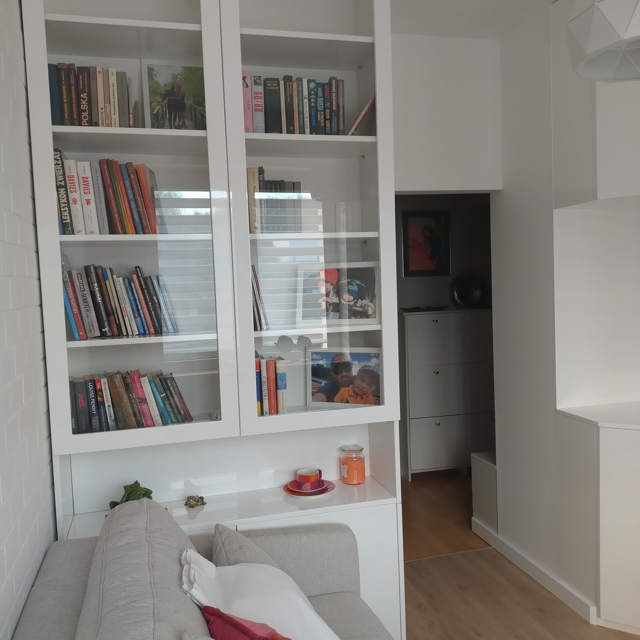 Biała szafa wnękowa z przeszklonymi drzwiami, wypełniona książkami i dekoracjami. Widoczny fragment sofy w jasnym odcieniu. Minimalistyczny design.