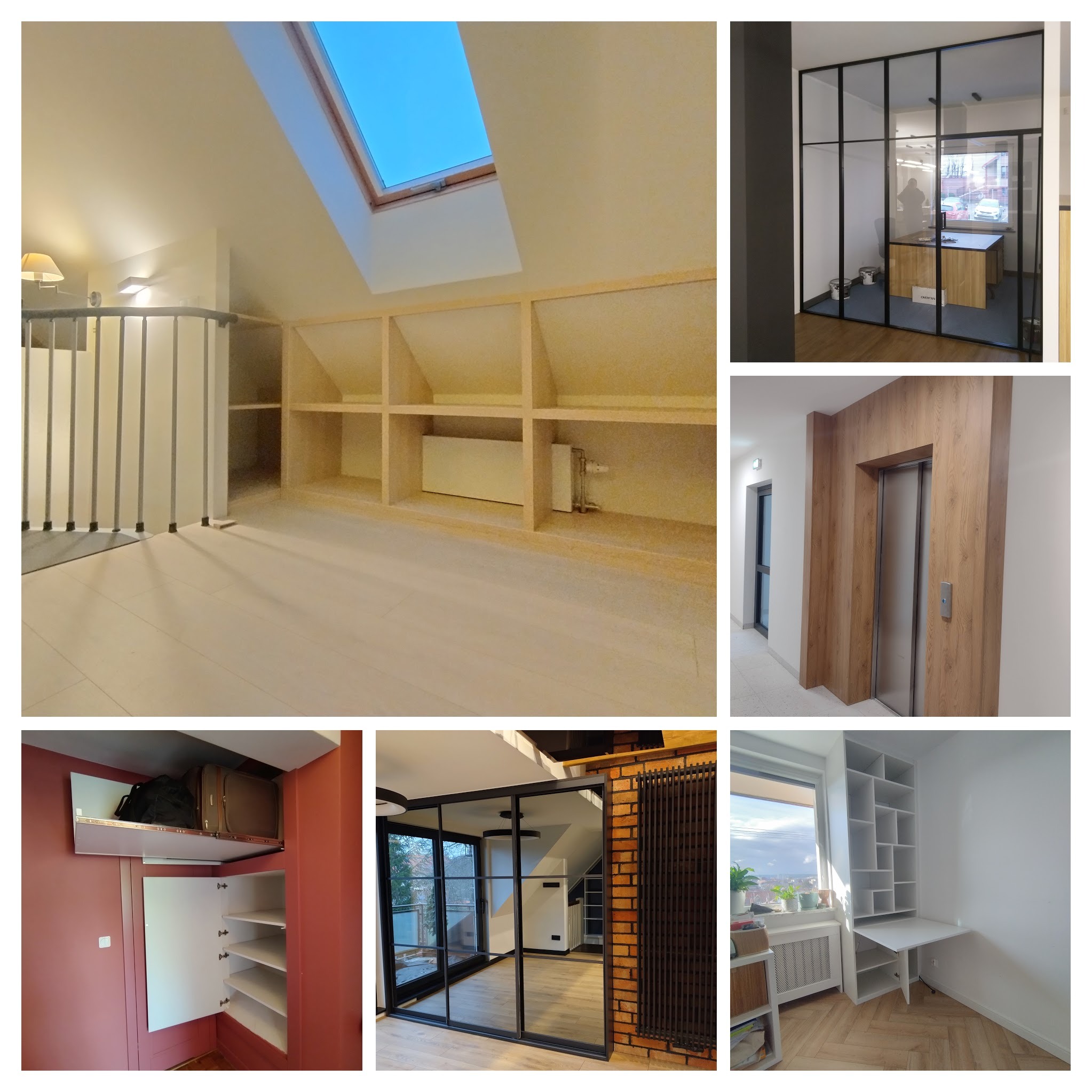 Kolaż prezentujący różnorodne realizacje mebli na wymiar: szafy wnękowe, zabudowy szklane, windy obłożone drewnem, szafki z lustrami i biurka w zabudowie.