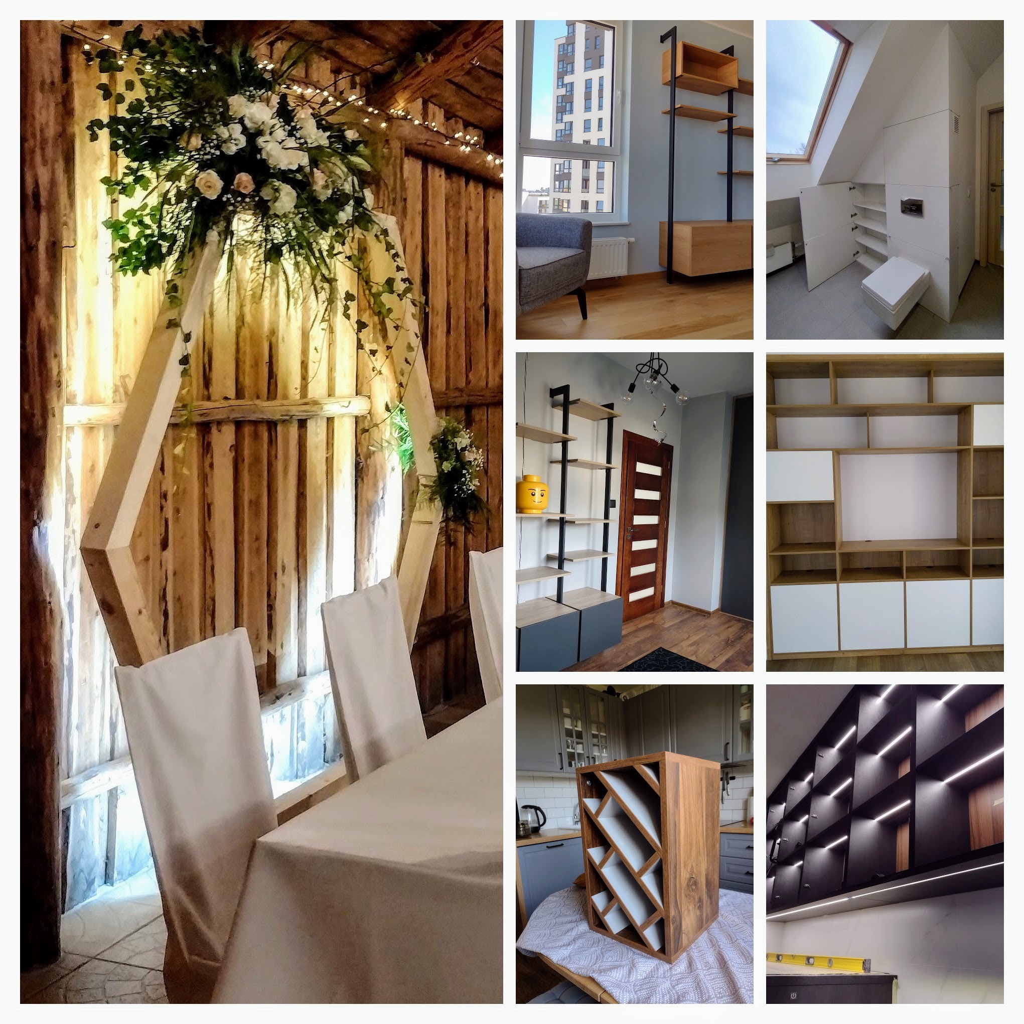 Kolaż prezentujący różnorodne realizacje stolarskie: od drewnianej konstrukcji z kwiatami po nowoczesne szafy wnękowe i regały, ukazujące wszechstronność usług.