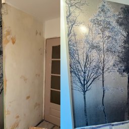 Tomasz Pasternak - Fotografia ściany w pokoju: po lewej stan przed tapetowaniem, po prawej ściana po położeniu tapety z motywem drzew w zimowej scenerii. Widoczny fragment drzwi.