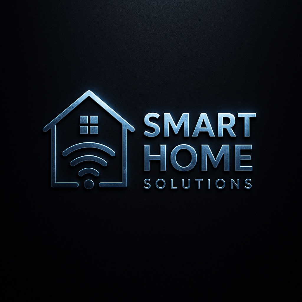 Eleganckie logo 'Smart Home Solutions' z ikoną domu i symbolem Wi-Fi, w chłodnej, metalicznej tonacji na ciemnym, teksturowanym tle. Minimalistyczny design.