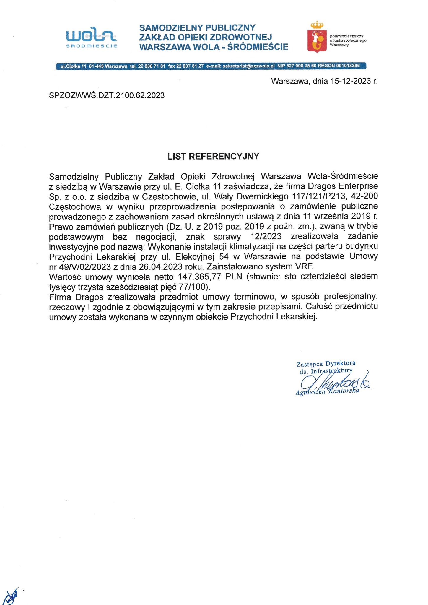 Dokument referencyjny od Samodzielnego Publicznego Zakładu Opieki Zdrowotnej Wola-Śródmieście dla firmy Dragos Enterprise za instalację klimatyzacji VRF.