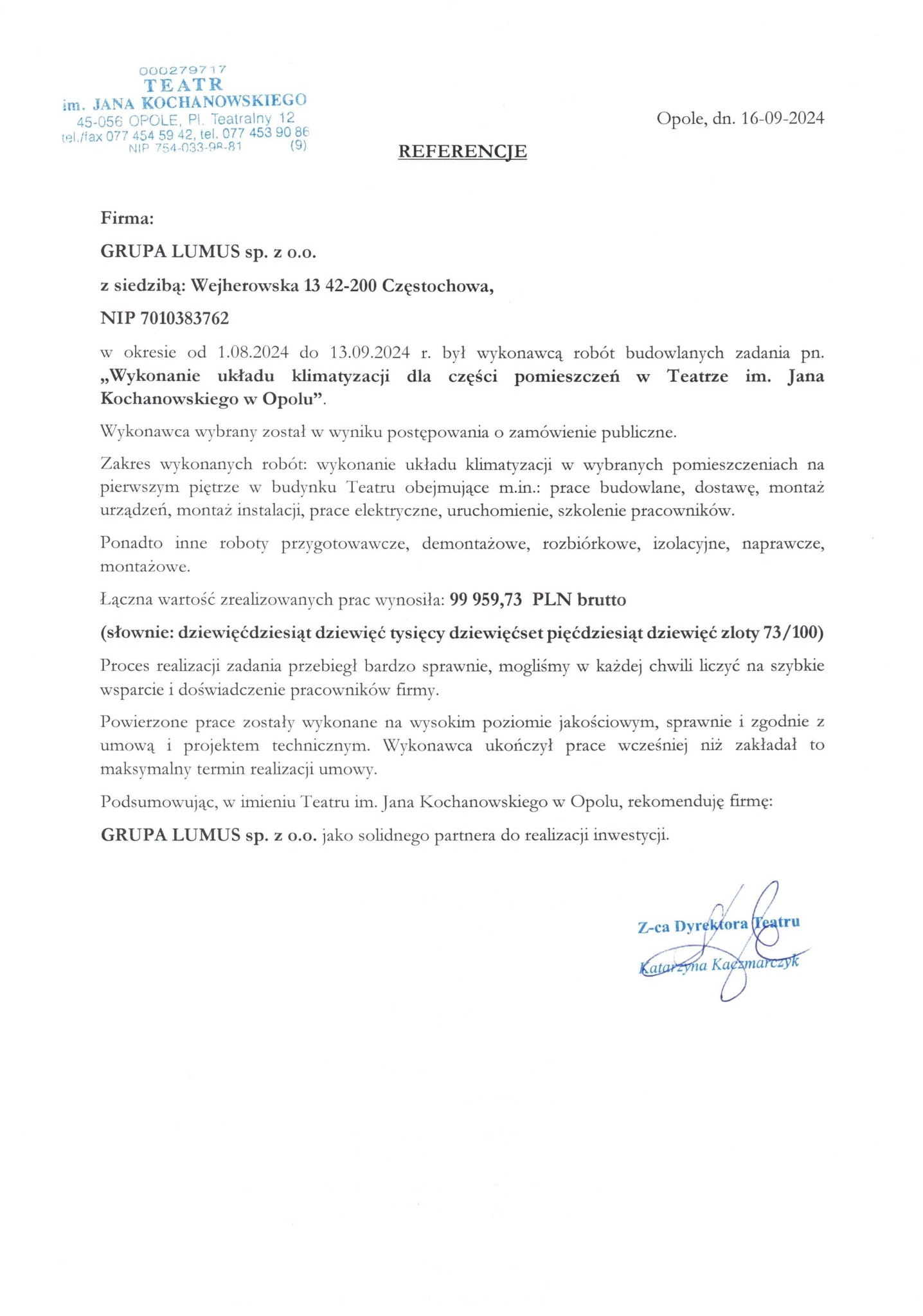 Referencje dla Grupy Lumus sp. z o.o. za wykonanie klimatyzacji w Teatrze im. Jana Kochanowskiego w Opolu. Dokument z pieczątką i podpisem dyrektora teatru.