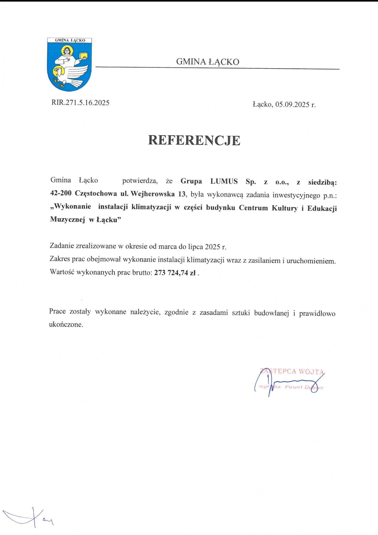 Dokument referencyjny od Gminy Łącko dla Grupy LUMUS Sp. z o.o. za wykonanie instalacji klimatyzacji w budynku Centrum Kultury i Edukacji Muzycznej w Łącku. Sygnatura i pieczęć.