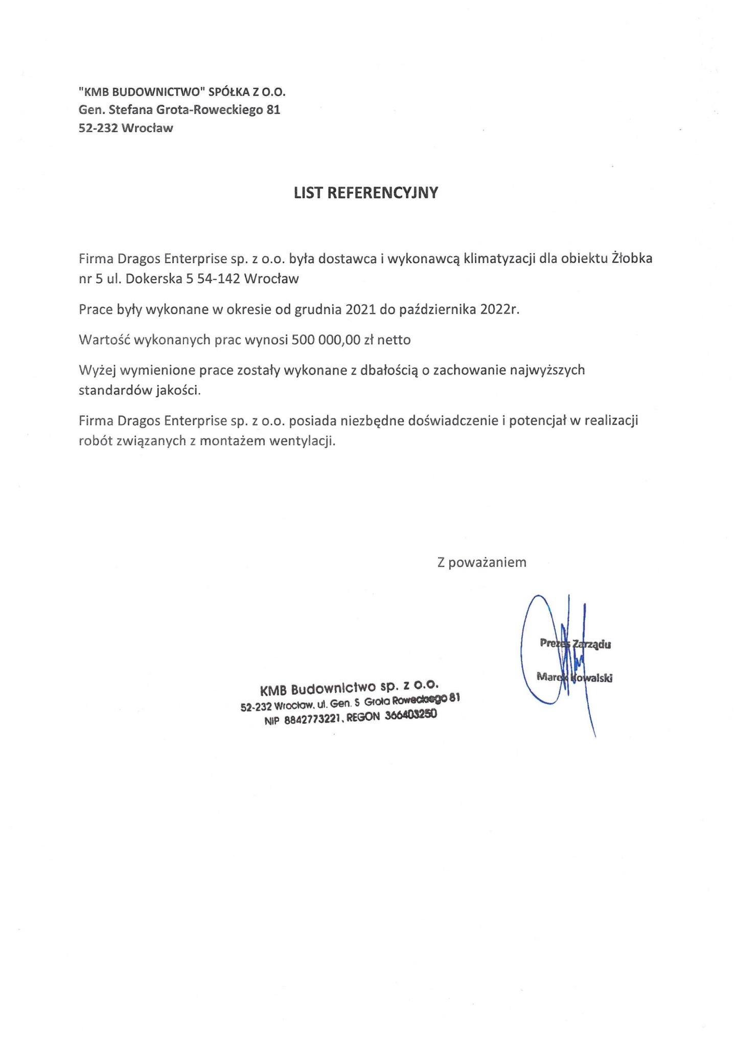 Dokument referencyjny dla firmy Dragos Enterprise za dostawę i montaż klimatyzacji oraz montaż wentylacji, wystawiony przez KMB Budownictwo z Wrocławia.