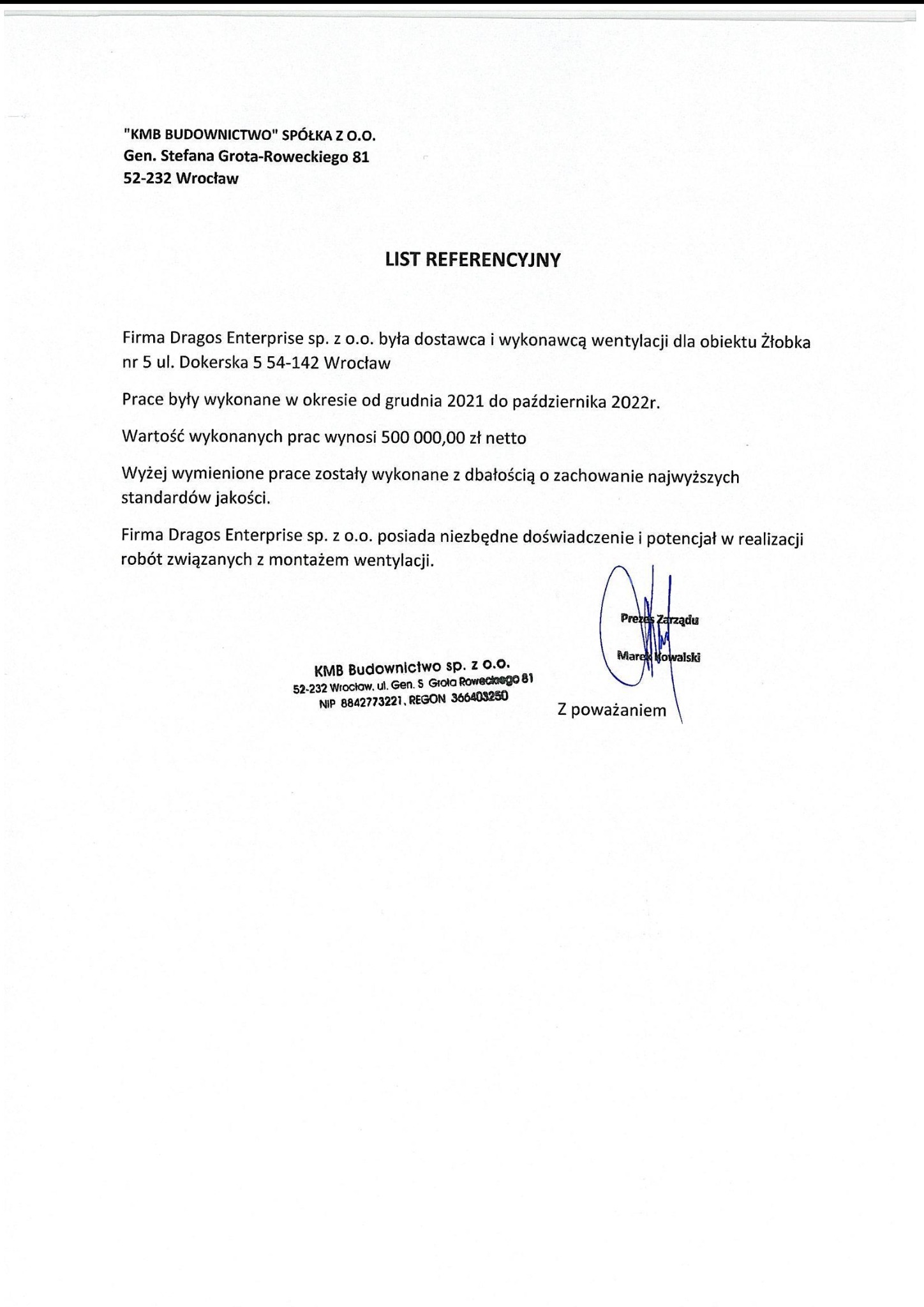 List referencyjny od KMB Budownictwo dla Dragos Enterprise za dostawę i montaż wentylacji w żłobku. Dokument z podpisem prezesa zarządu i danymi firm.