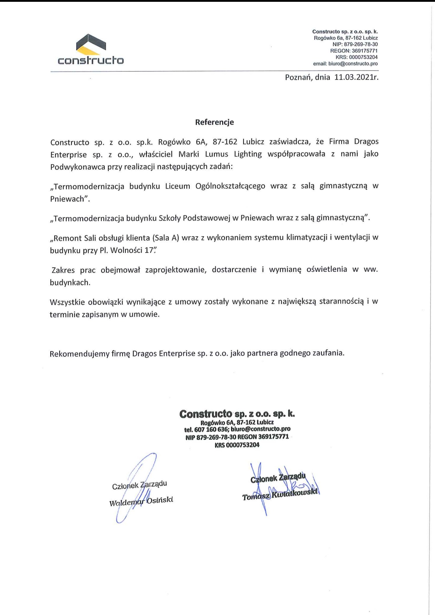 Dokument referencyjny firmy Constructo sp. z o.o. sp.k. z Lubicza, potwierdzający współpracę z Dragos Enterprise przy termomodernizacji i remoncie z klimatyzacją.