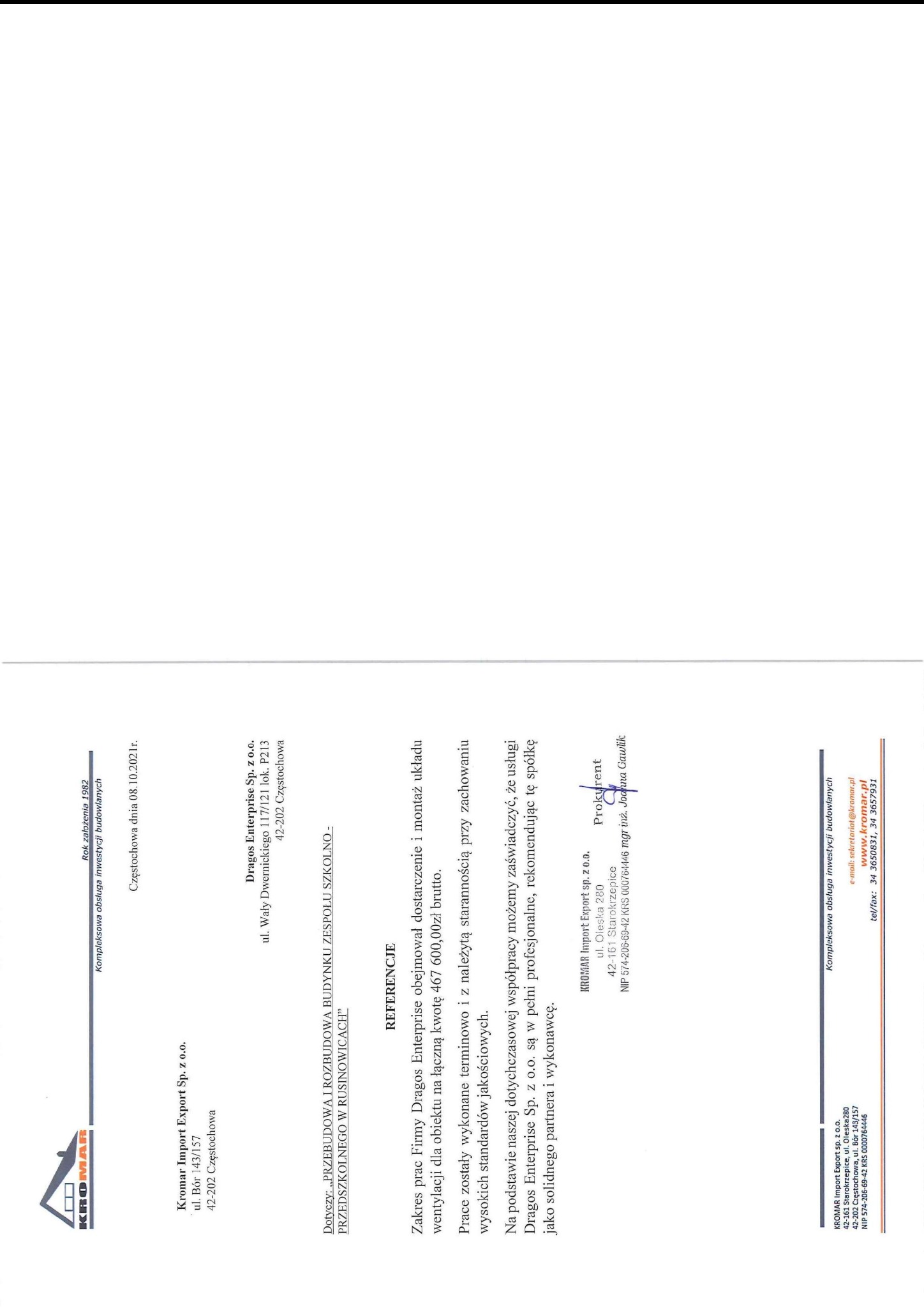 Dokument referencyjny od Dragos Enterprise dla Kromar Import Export Sp. z o.o. za dostarczenie i montaż układu wentylacji w budynku szkolno-przedszkolnym.