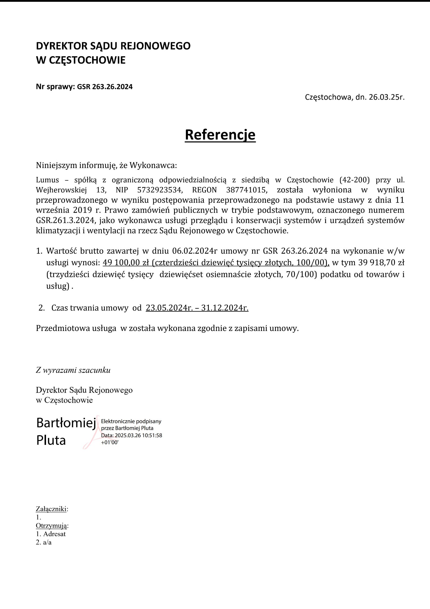 Skan dokumentu referencyjnego dla firmy Lumus za przegląd i konserwację systemów klimatyzacji i wentylacji w Sądzie Rejonowym w Częstochowie, z datą wystawienia 26.03.2025.