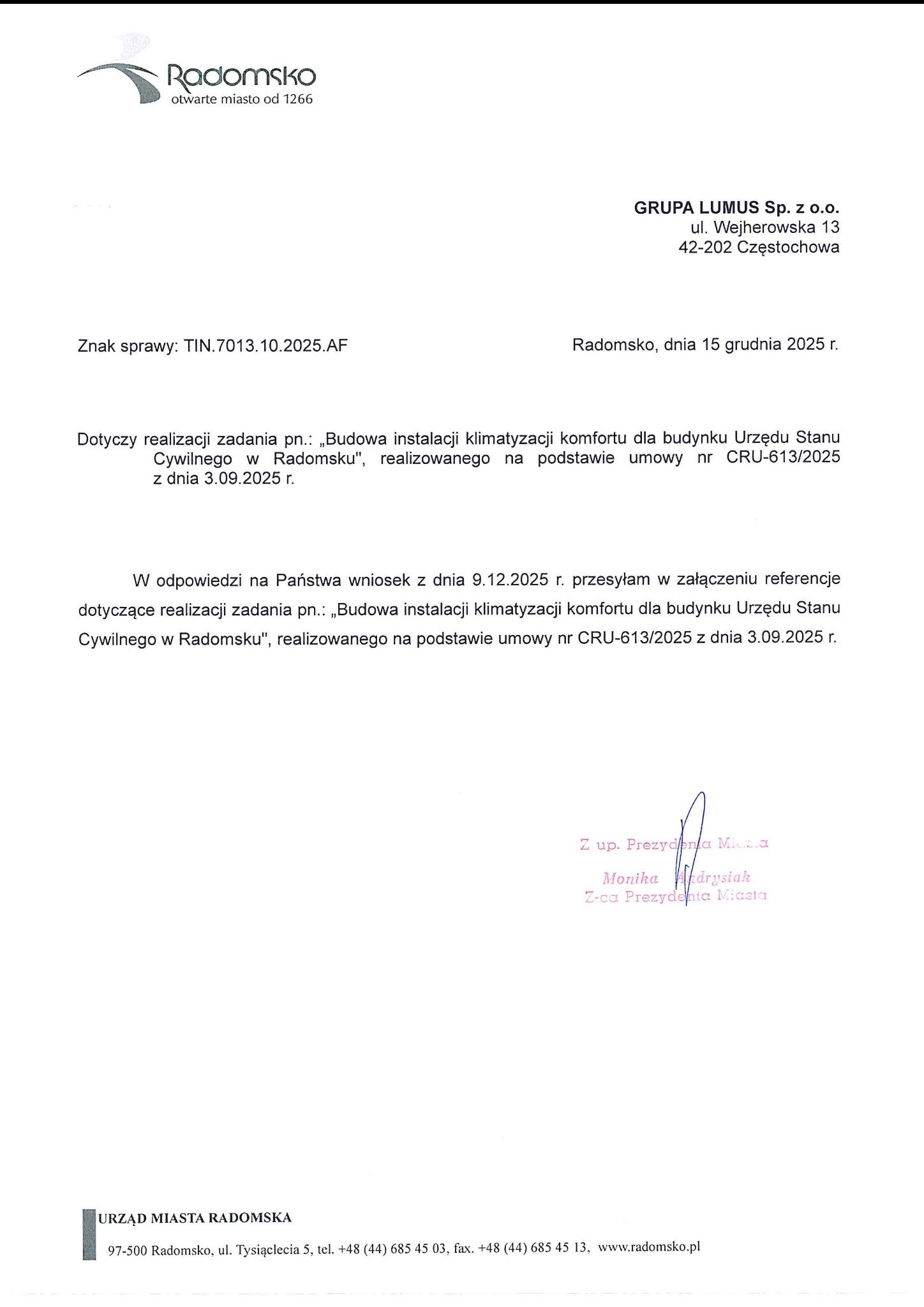 Pismo referencyjne od Urzędu Miasta Radomska dla GRUPY LUMUS Sp. z o.o. dotyczące budowy instalacji klimatyzacji w budynku Urzędu Stanu Cywilnego.