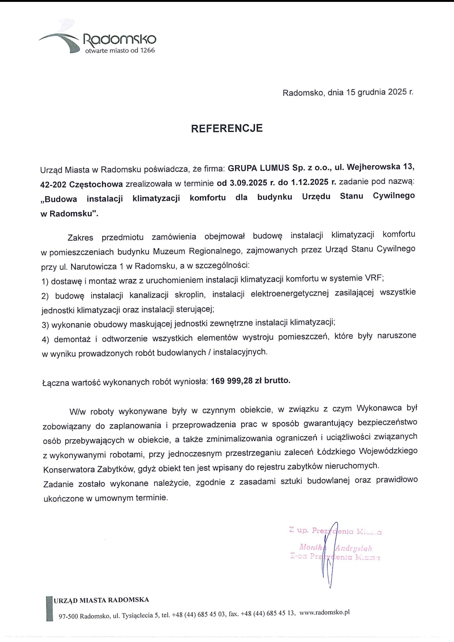 Dokument referencyjny od Urzędu Miasta Radomska dla firmy Grupa Lumus Sp. z o.o. za budowę instalacji klimatyzacji komfortu w budynku Urzędu Stanu Cywilnego.