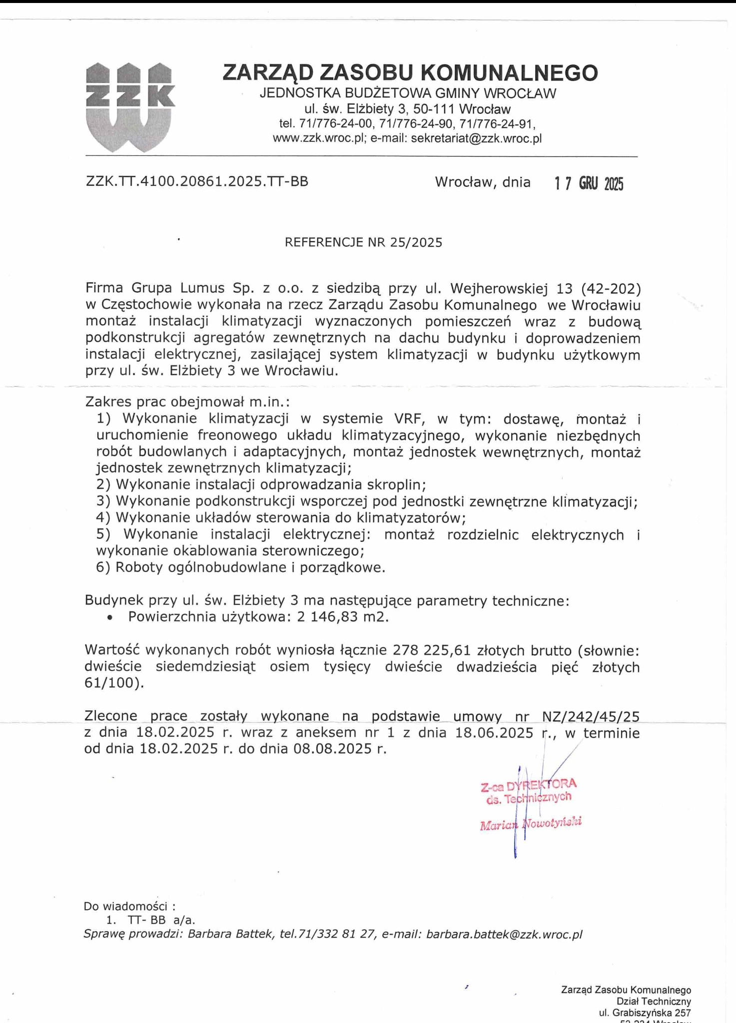 Referencje dla montażu klimatyzacji VRF w budynku przy ul. św. Elżbiety 3 we Wrocławiu. Dokument zawiera zakres prac, parametry techniczne i wartość robót.