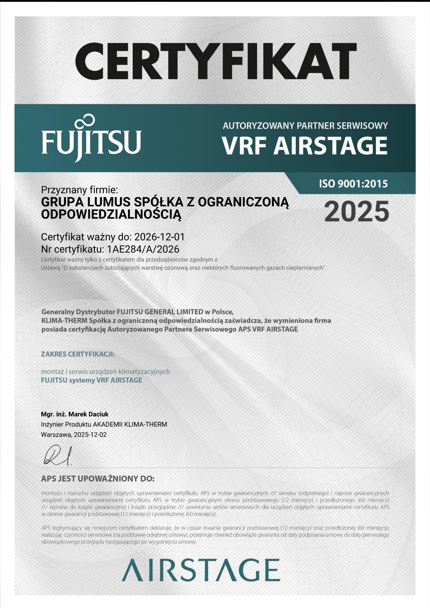 Certyfikat autoryzowanego partnera serwisowego VRF AIRSTAGE firmy Fujitsu, potwierdzający uprawnienia do montażu i serwisu urządzeń klimatyzacyjnych.