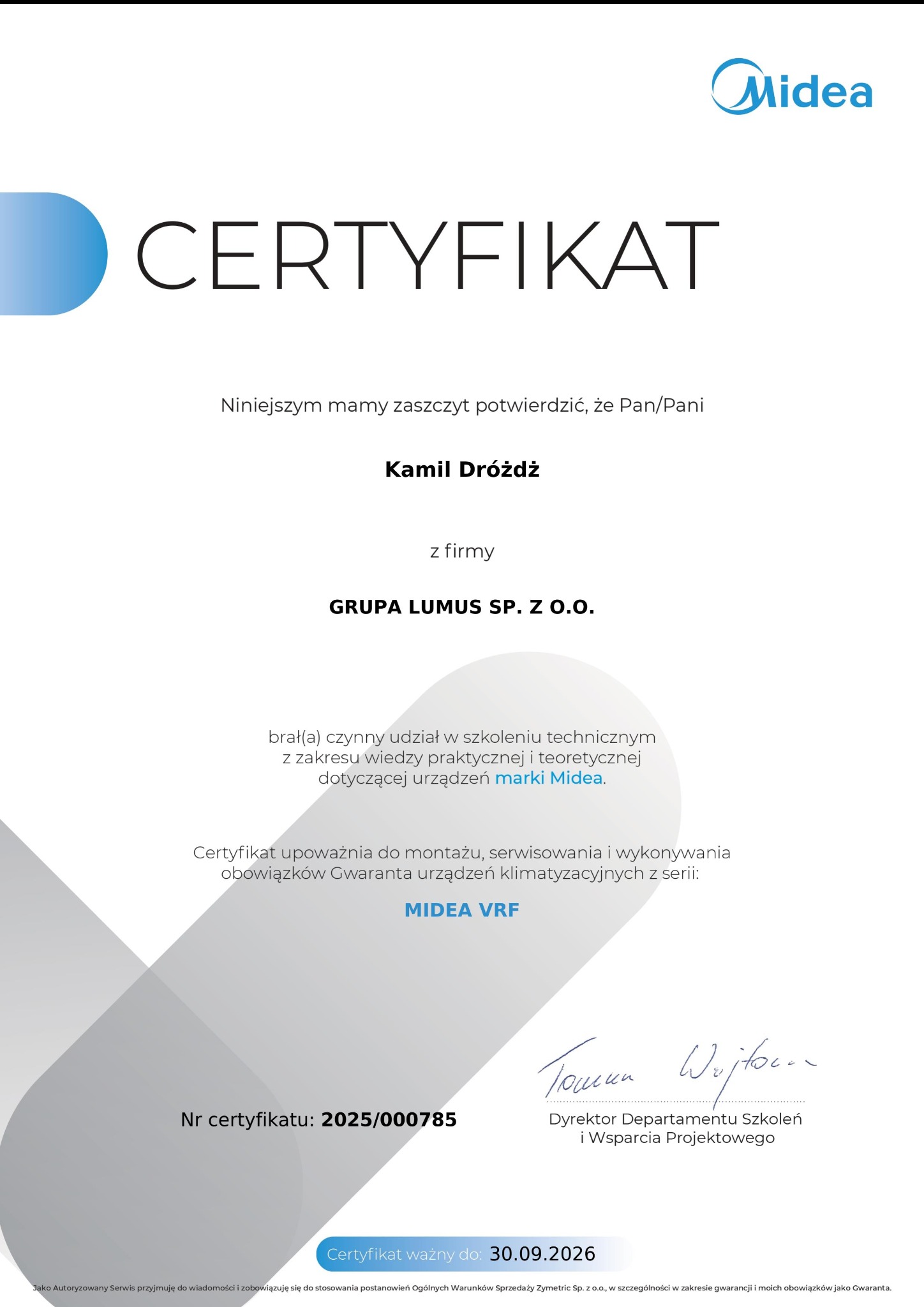 Certyfikat firmy GRUPA LUMUS SP. Z O.O. potwierdzający udział w szkoleniu technicznym marki Midea, uprawniający do montażu i serwisu klimatyzacji MIDEA VRF.