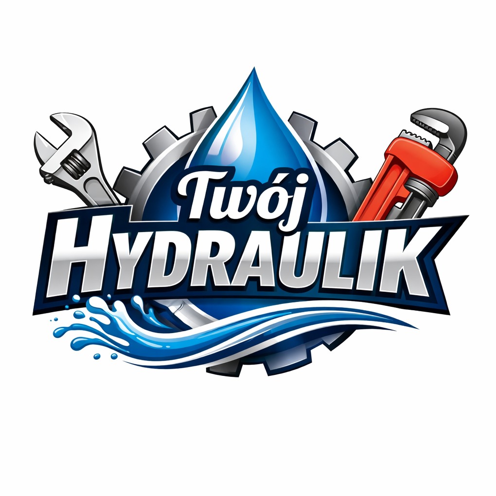 Ilustracja logo firmy hydraulicznej z kroplą wody, kluczem francuskim i kluczem do rur na tle zębatki i stylizowanych fal. Napis 'Twój Hydraulik' w kolorze srebrnym.