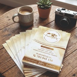 K.B. sp. z o.o. - Stos ulotek z logo 'Kadrowy Raj' na drewnianym stole obok filiżanki kawy, sukulenta i aparatu. Ulotki oferują 10% rabatu. Naturalne światło z okna.