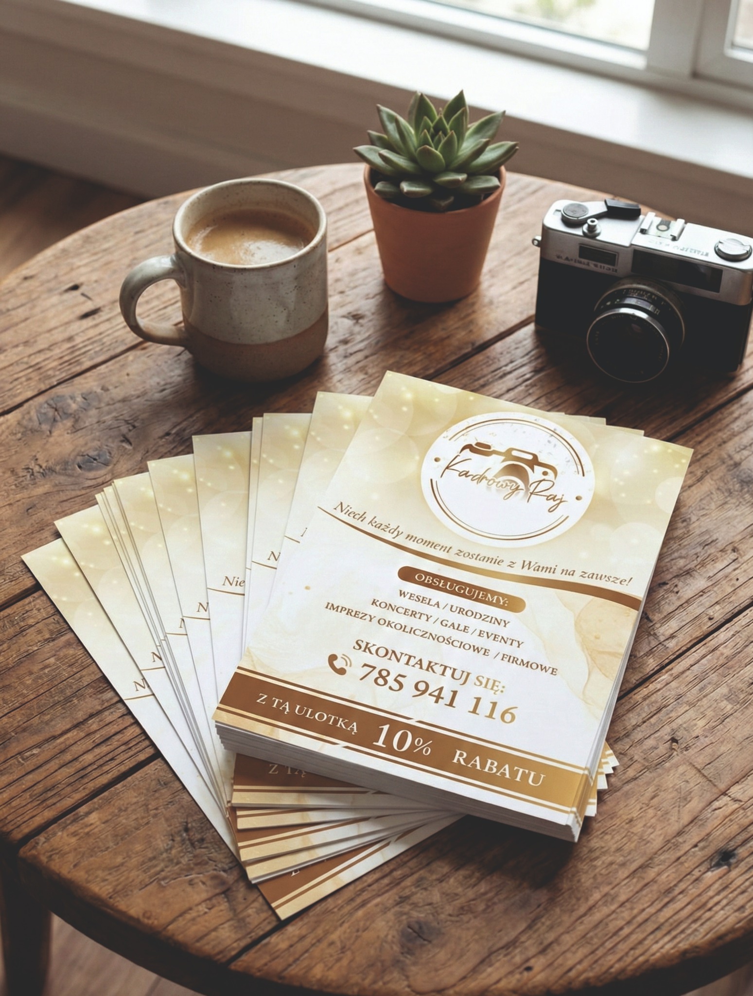Stos ulotek z logo 'Kadrowy Raj' na drewnianym stole obok filiżanki kawy, sukulenta i aparatu. Ulotki oferują 10% rabatu. Naturalne światło z okna.