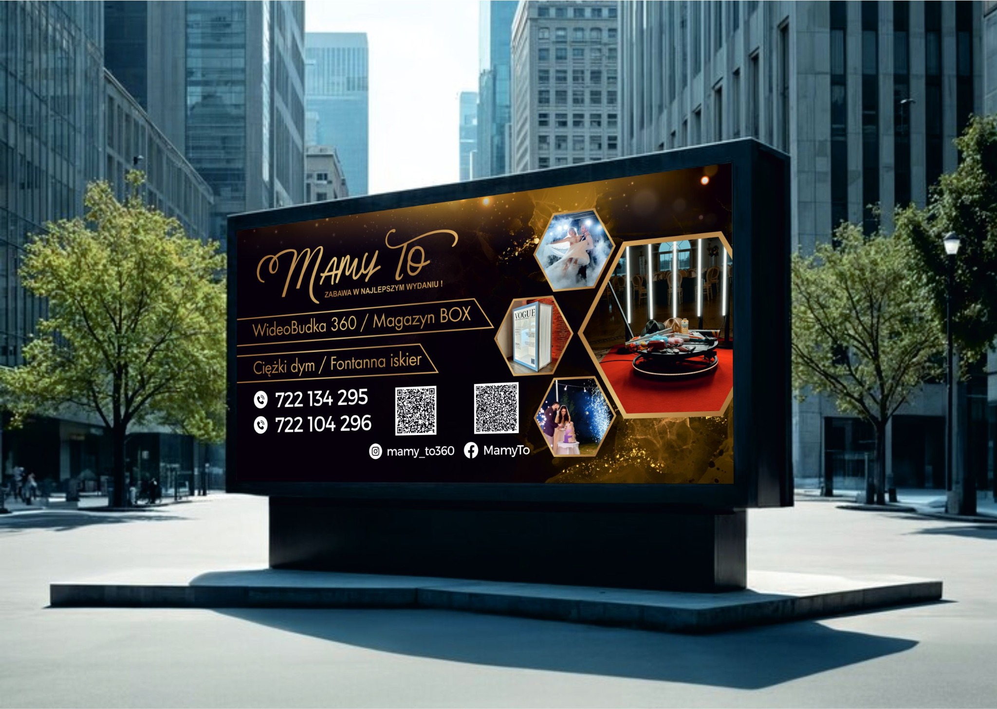 Billboard reklamowy z ofertą wideobudki 360 i magazynu BOX na tle miejskiego krajobrazu. Złota kolorystyka, numery telefonów i QR kody.