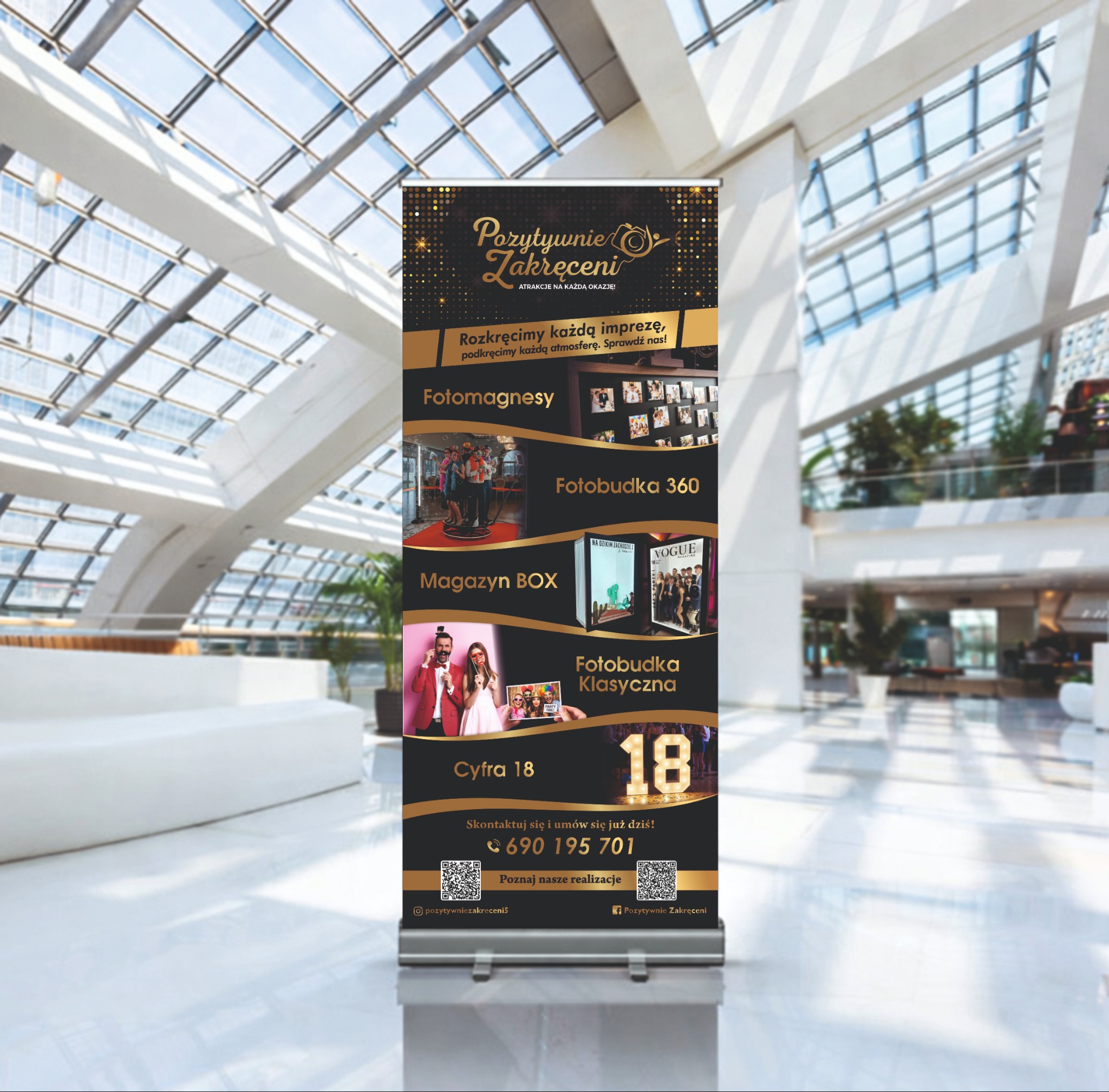 Roll-up reklamowy z ofertą atrakcji na imprezy: fotomagnesy, fotobudka 360, magazyn BOX, fotobudka klasyczna, cyfra 18. Czarno-złota kolorystyka, nowoczesny design.