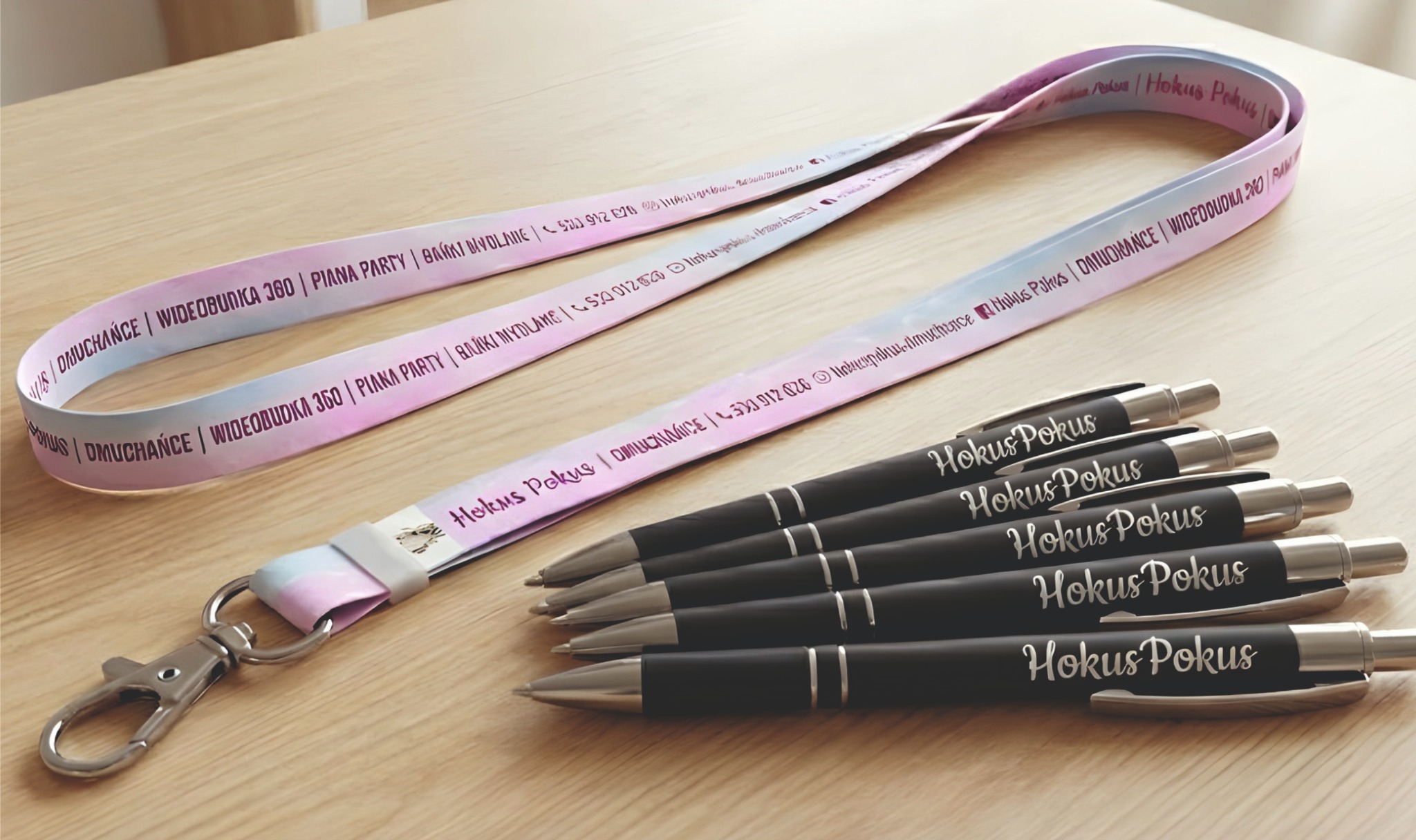 Smycze z gradientem i czarne długopisy z nadrukiem 'Hokus Pokus' leżące na drewnianym stole. Gadżety reklamowe z logo firmy.