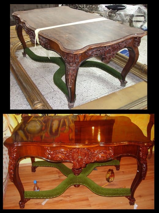 Stół z rzeźbionymi nogami: górny kadr przed renowacją z taśmą, dolny po renowacji z połyskiem. Zielone podkładki pod nogami, widoczne detale rzeźbień.