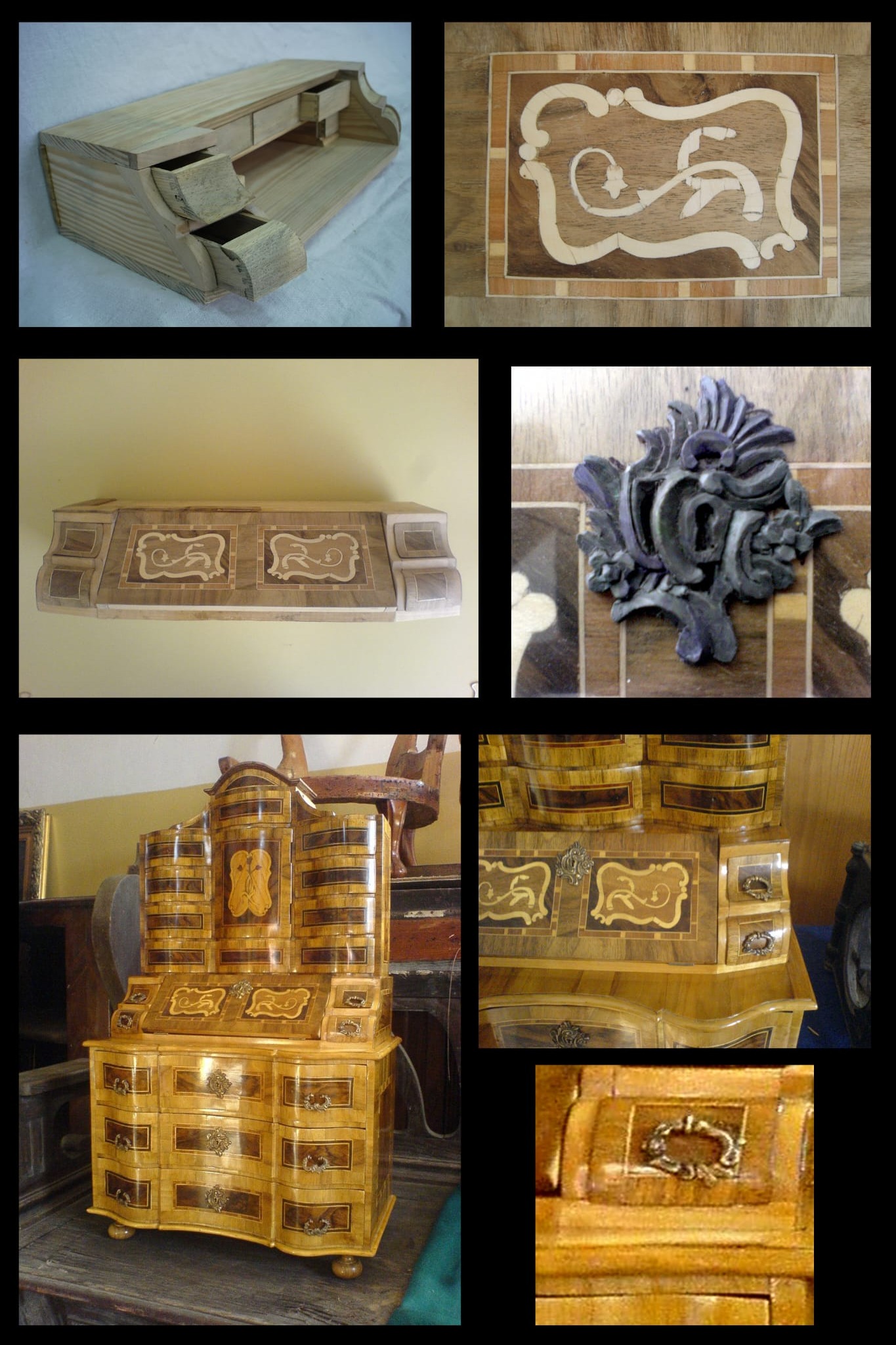 Barokowa komoda z intarsjami i zdobieniami, ukazana w różnych ujęciach: od surowego drewna po wykończony mebel z metalowymi uchwytami i dekoracyjnymi wstawkami.