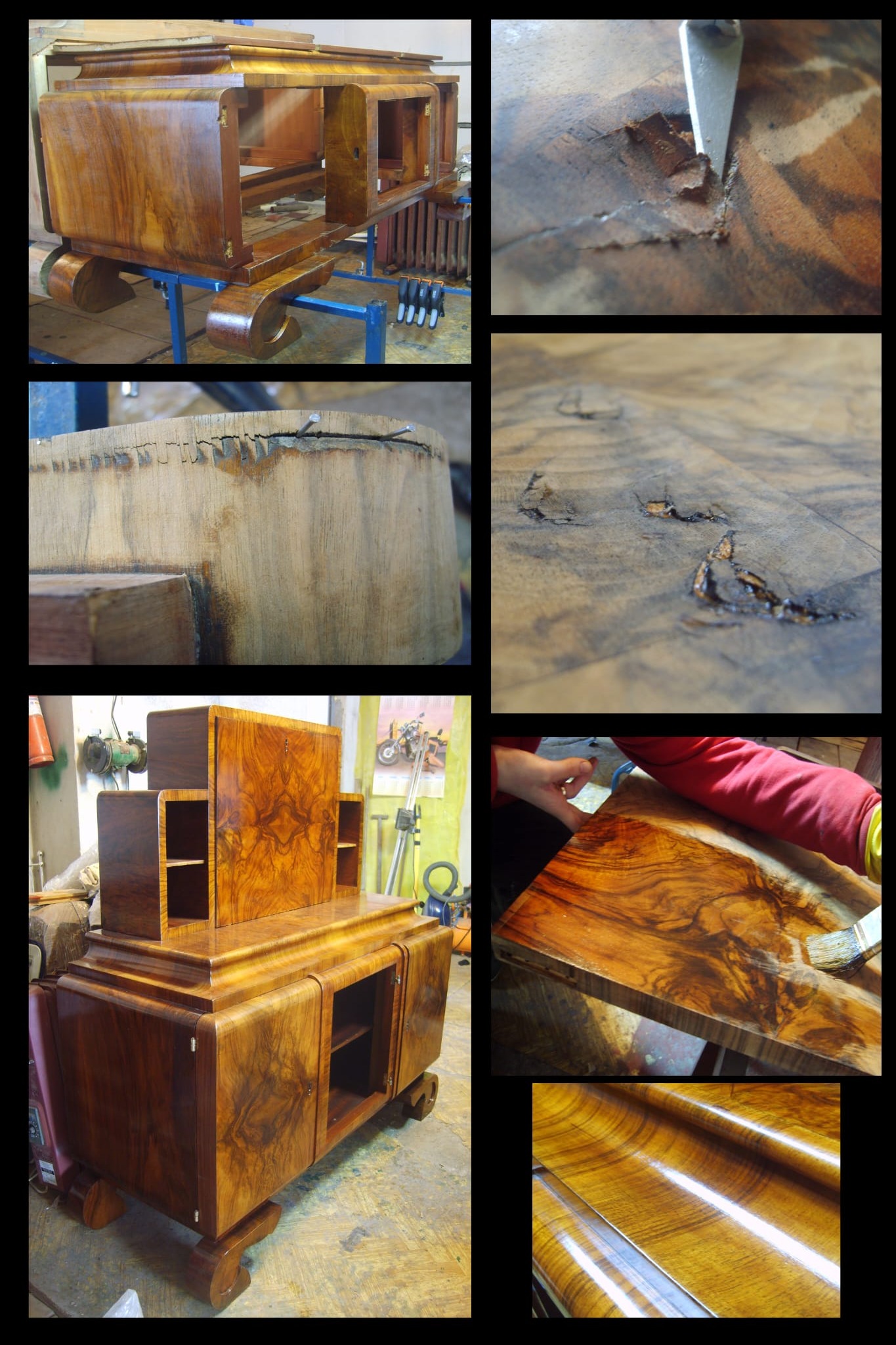 Renowacja art deco: Komoda w trakcie odnawiania, detale uszkodzeń i proces lakierowania. Widoczne narzędzia i etapy pracy nad fornirem.