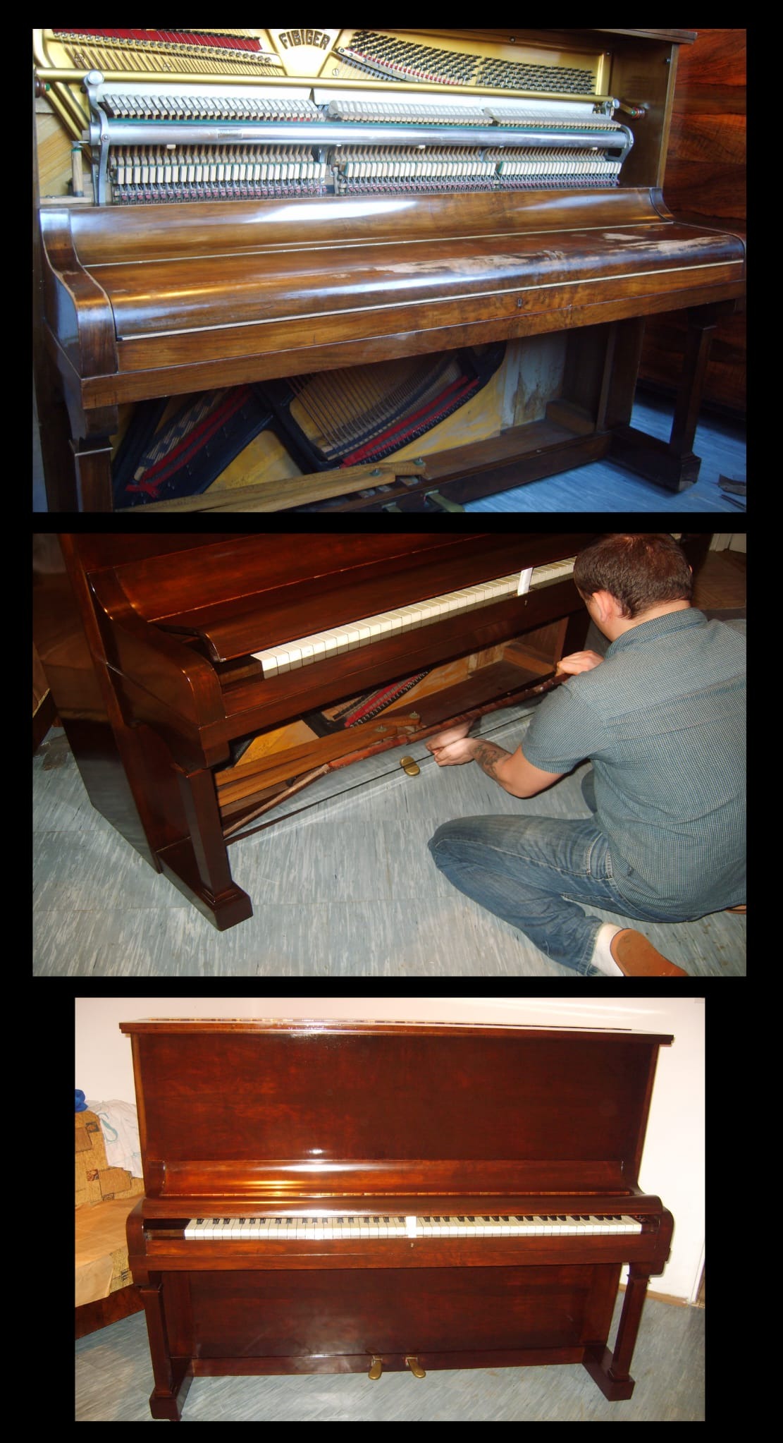 Renowacja pianina: widok wnętrza z mechanizmem, naprawa przez mężczyznę, oraz efekt końcowy - odnowiony instrument z połyskiem.