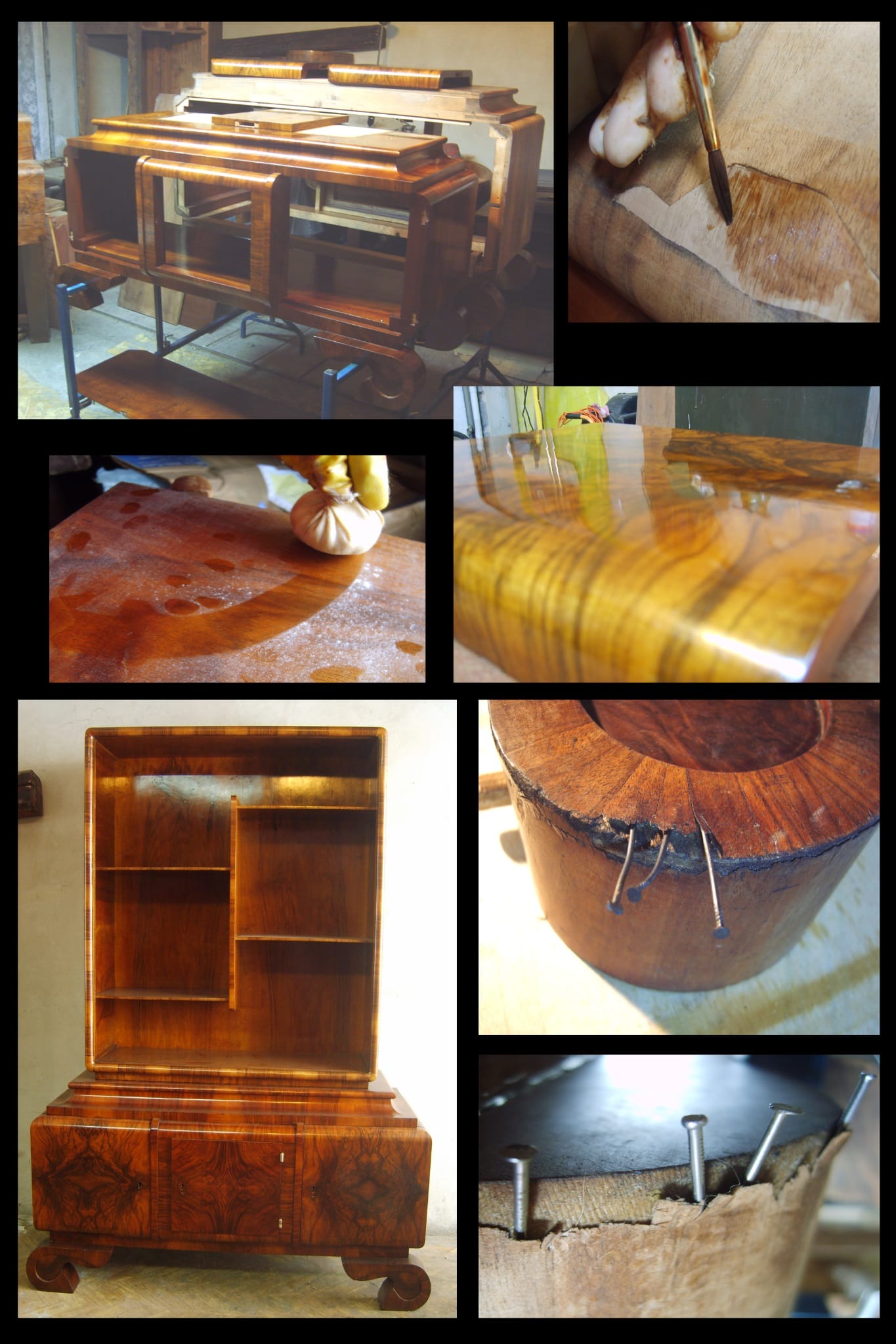 Kolaż zdjęć prezentujący etapy renowacji antycznego mebla: od czyszczenia i polerowania po naprawę uszkodzeń i odzyskanie pierwotnego blasku.