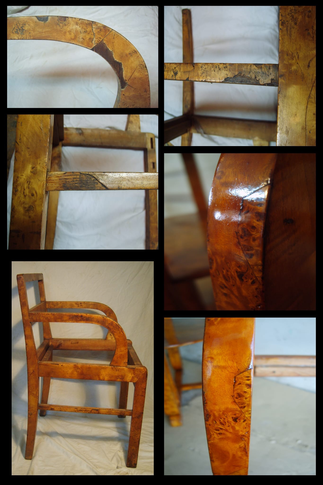 Drewniany szkielet krzesła z widocznymi śladami użytkowania i uszkodzeniami, ukazujący detale konstrukcyjne i strukturę drewna przed renowacją.