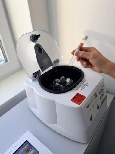 Centryfuga laboratoryjna z próbką krwi w Bielsko-Białej. Urządzenie do separacji osocza bogatopłytkowego, wykorzystywane w medycynie estetycznej i regeneracyjnej.